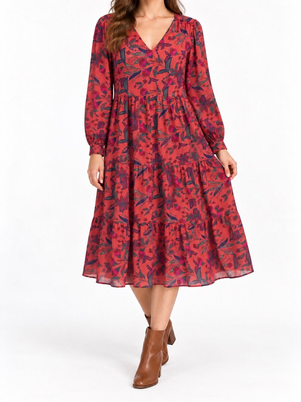 DOWNEAST Fall Floral Tiered Midi Dress Medium Rust Boho Long Sleeve V Neck